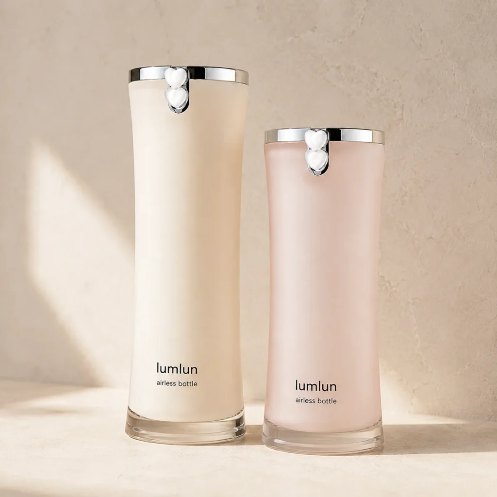 Lumlun airless serum bottles in cream and pink with chrome rims and matching heart pump details.