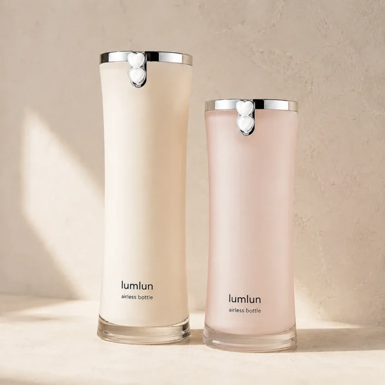 Lumlun airless serum bottles in cream and pink with chrome rims and matching heart pump details.