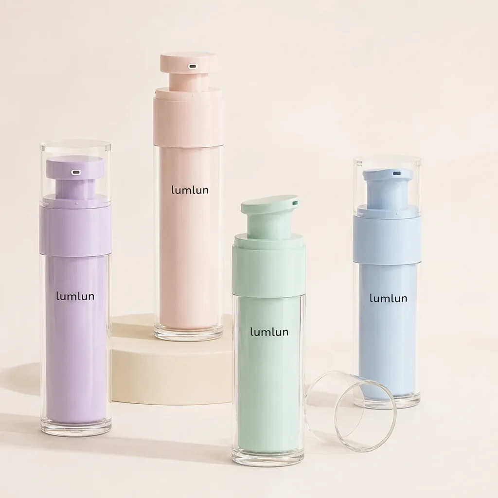 LumLun replaceable airless skincare bottles with a clear outer shell, in lilac, pink, mint green and blue, one cap removed