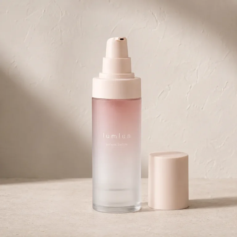 Lumlun clear PP airless pump bottle with a pink gradient body, open pump, and separate cap.