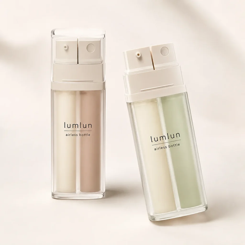 LumLun dual-chamber airless bottles with clear outer shell and twin chambers, in nude and green tones