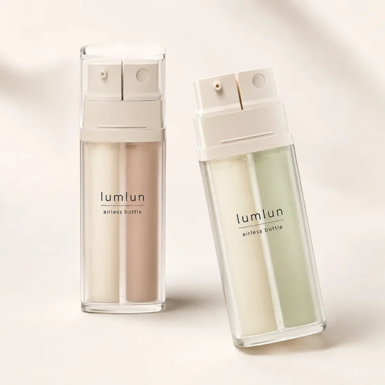 LumLun dual-chamber airless bottles with clear outer shell and twin chambers, in nude and green tones