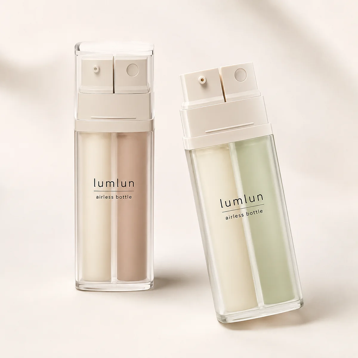 LumLun dual-chamber airless bottles with clear outer shell and twin chambers, in nude and green tones