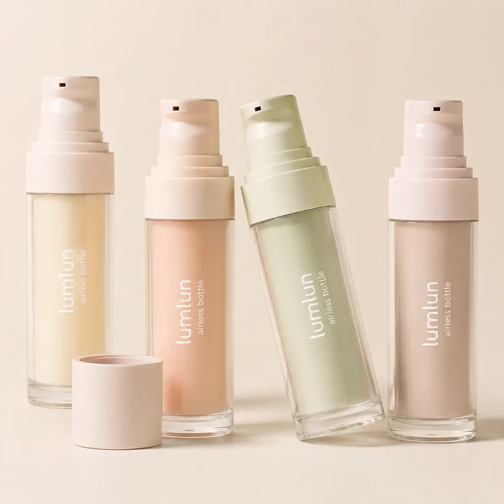 LumLun airless bottles with clear outer shells and pump tops, in yellow, apricot, green and nude, one cap off