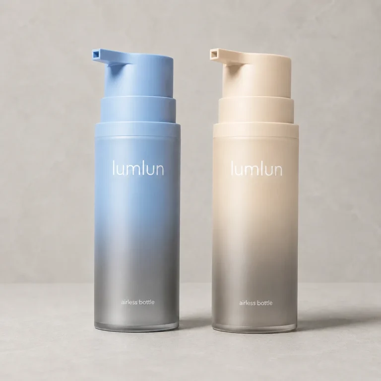 Lumlun large PP airless pump bottle pair in blue and beige matte finishes.
