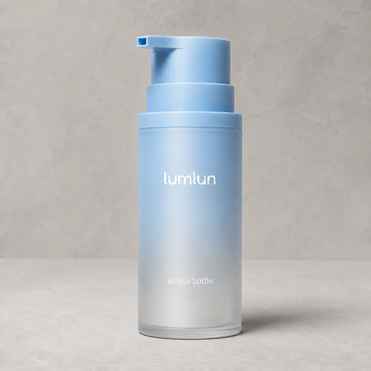 Lumlun large PP airless pump bottle in blue with a square dispensing nozzle.