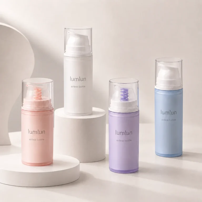 LumLun airless bottles in pink, white, purple and blue on white podiums, two with caps off showing the pump
