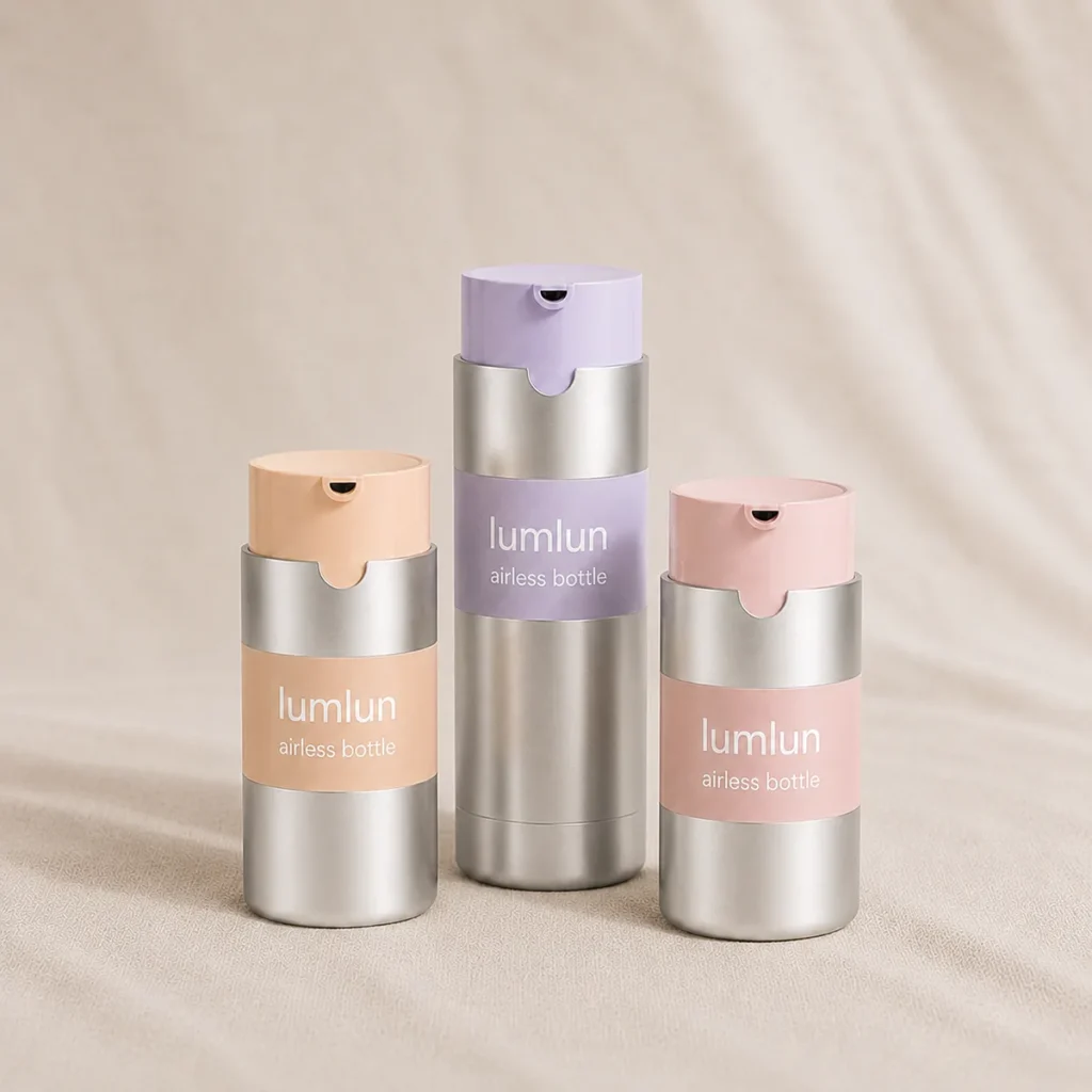 Lumlun PCR PP airless bottles in peach, lavender, and pink finishes with silver outer shells.