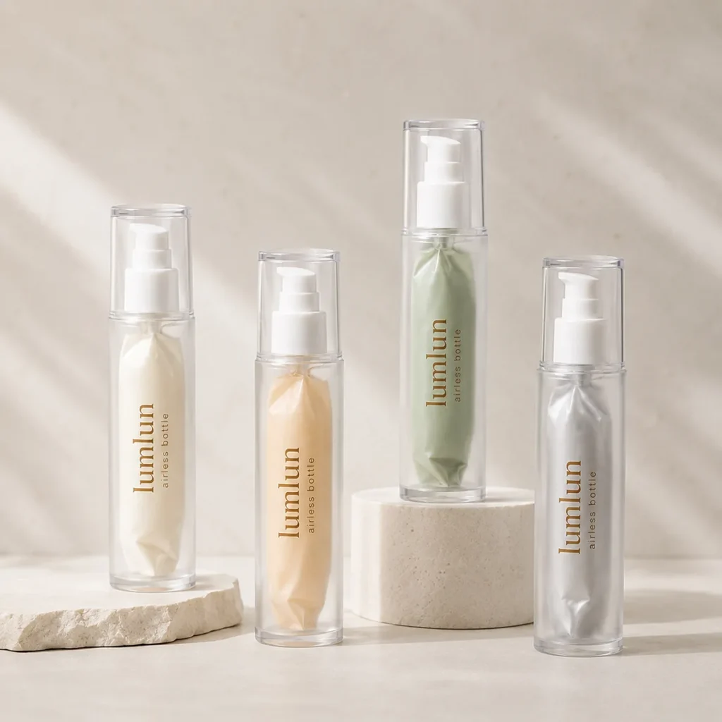 LumLun clear airless bottles with inner pouches holding cream, apricot, green and grey product, on stone
