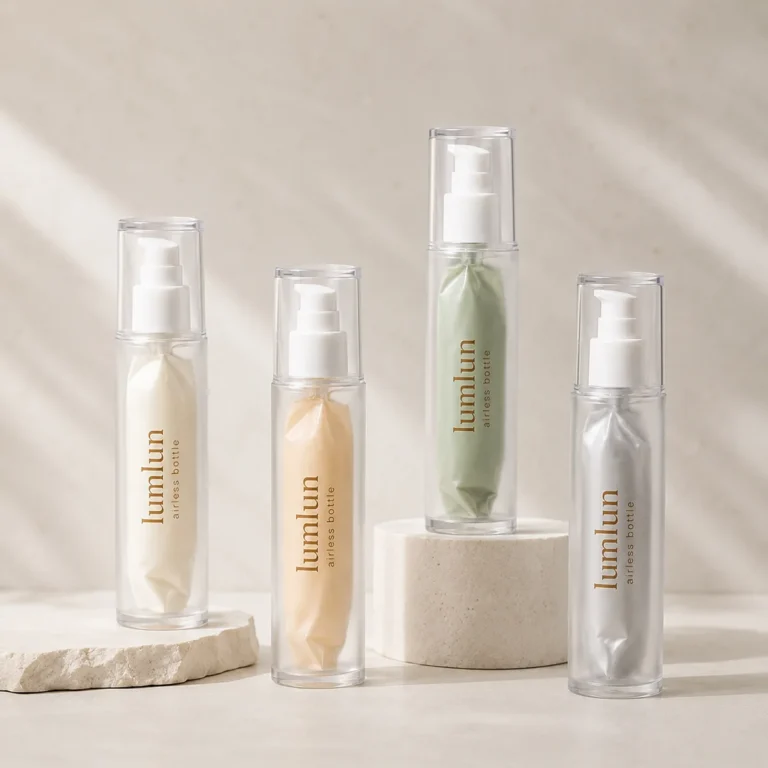 LumLun clear airless bottles with inner pouches holding cream, apricot, green and grey product, on stone