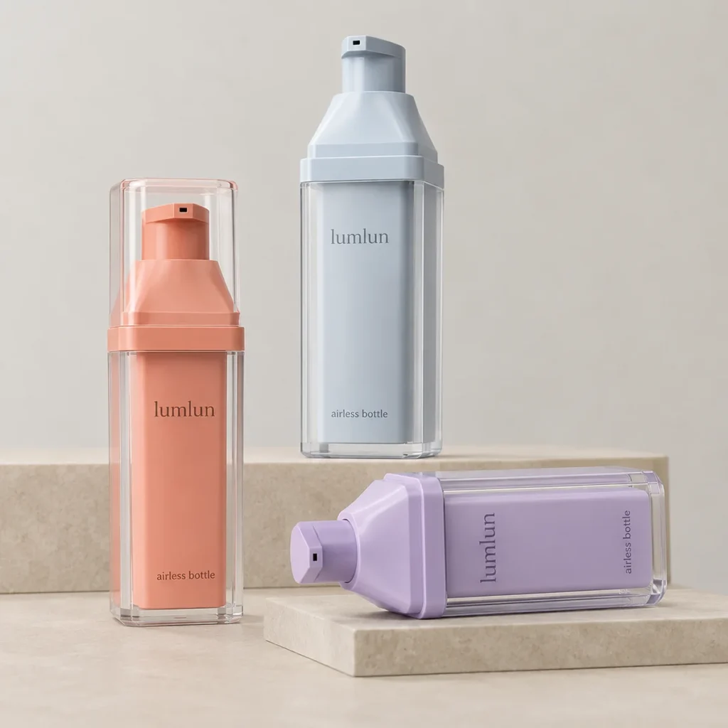 LumLun square airless bottles with clear outer shells in coral, blue and lilac, with angled press tops