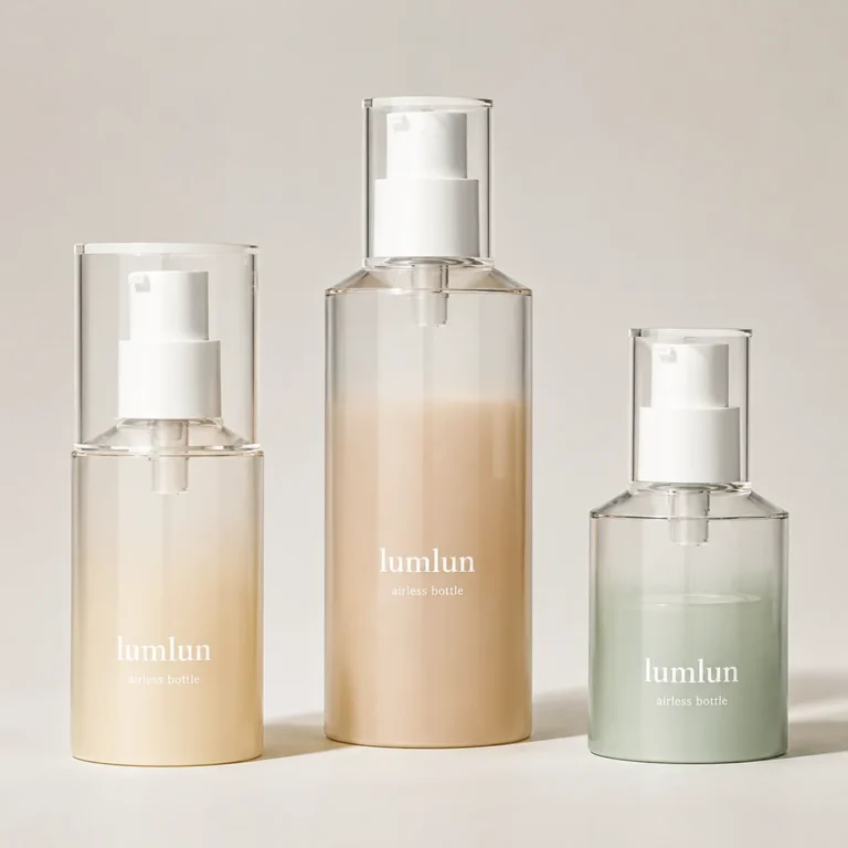 LumLun clear airless bottles with pump tops in three sizes, holding beige and green product