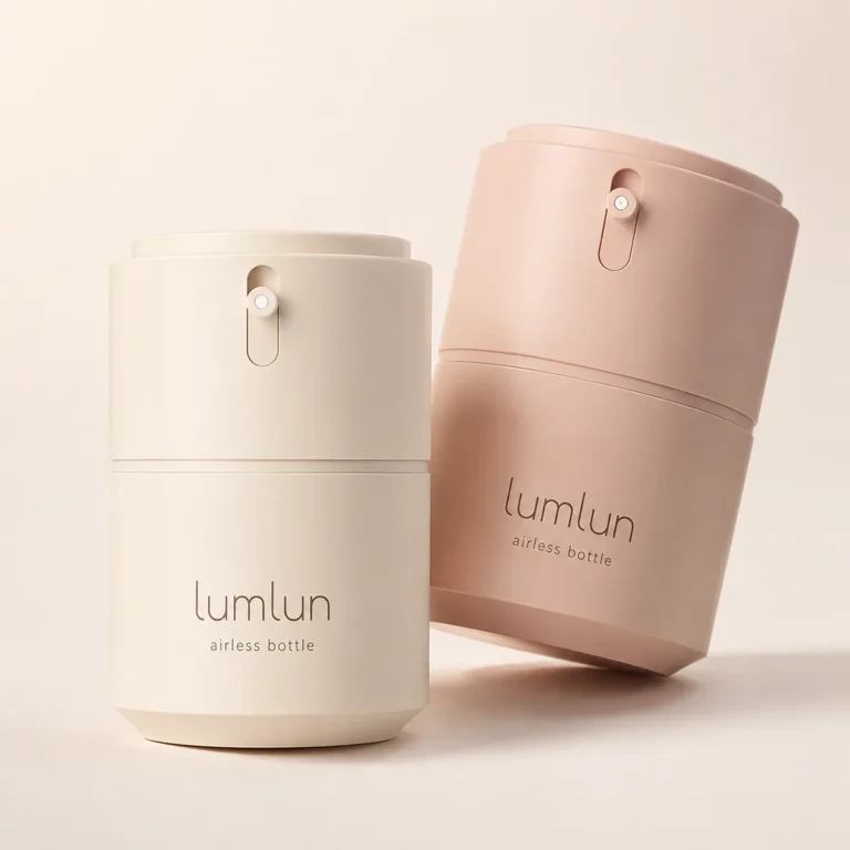 LumLun rotary airless jars with a side twist button, in cream and pink, one upright and one tilted