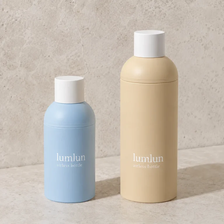 Lumlun PP airless lotion bottles in blue and beige, shown as two matching sizes.