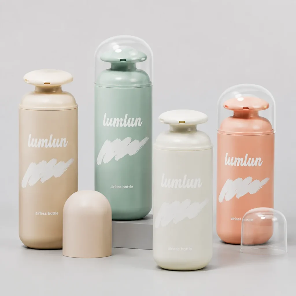 Lumlun PP airless pump bottles in multiple colors and sizes with dust covers