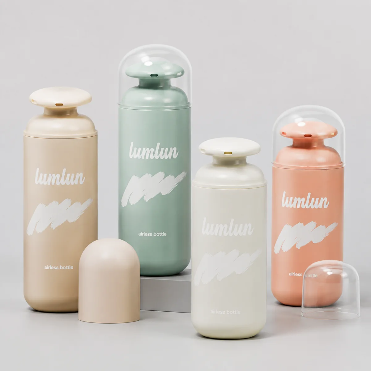 Lumlun PP airless pump bottles in multiple colors and sizes with dust covers