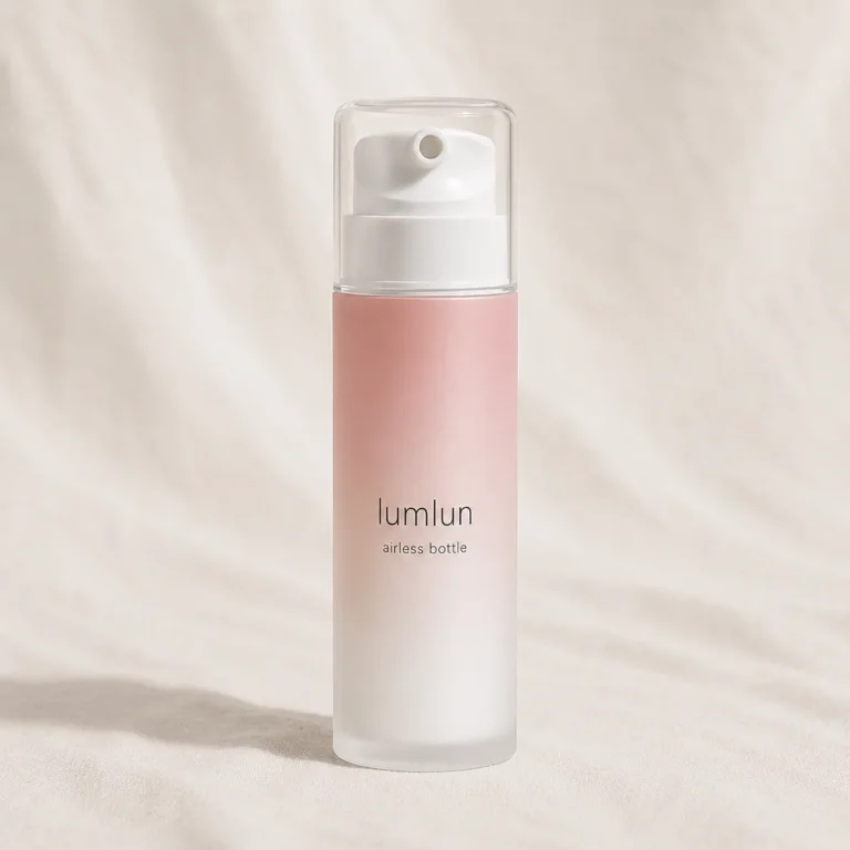 Lumlun PP airless toothpaste pump bottle in pink gradient with clear cap and white pump.