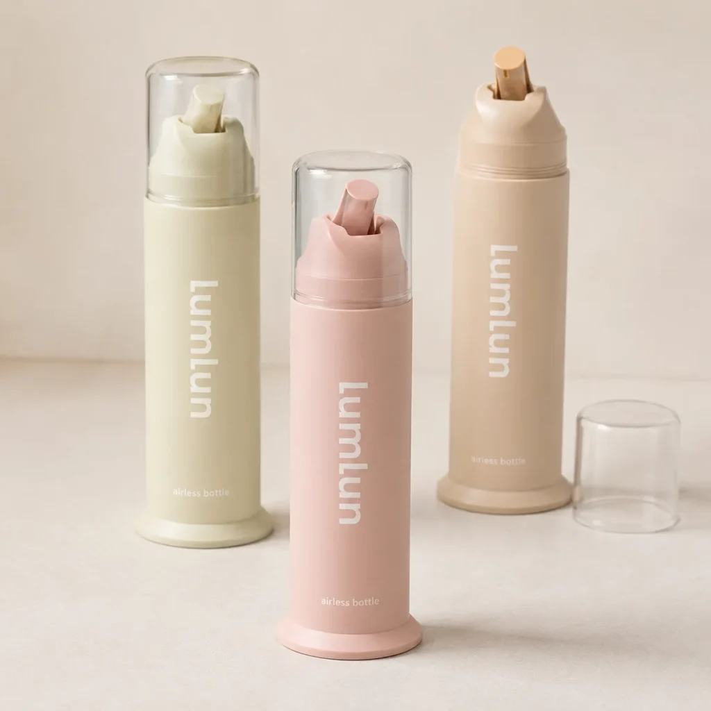 LumLun airless bottles with an angled nozzle and round base, in pink, light green and beige, one cap off