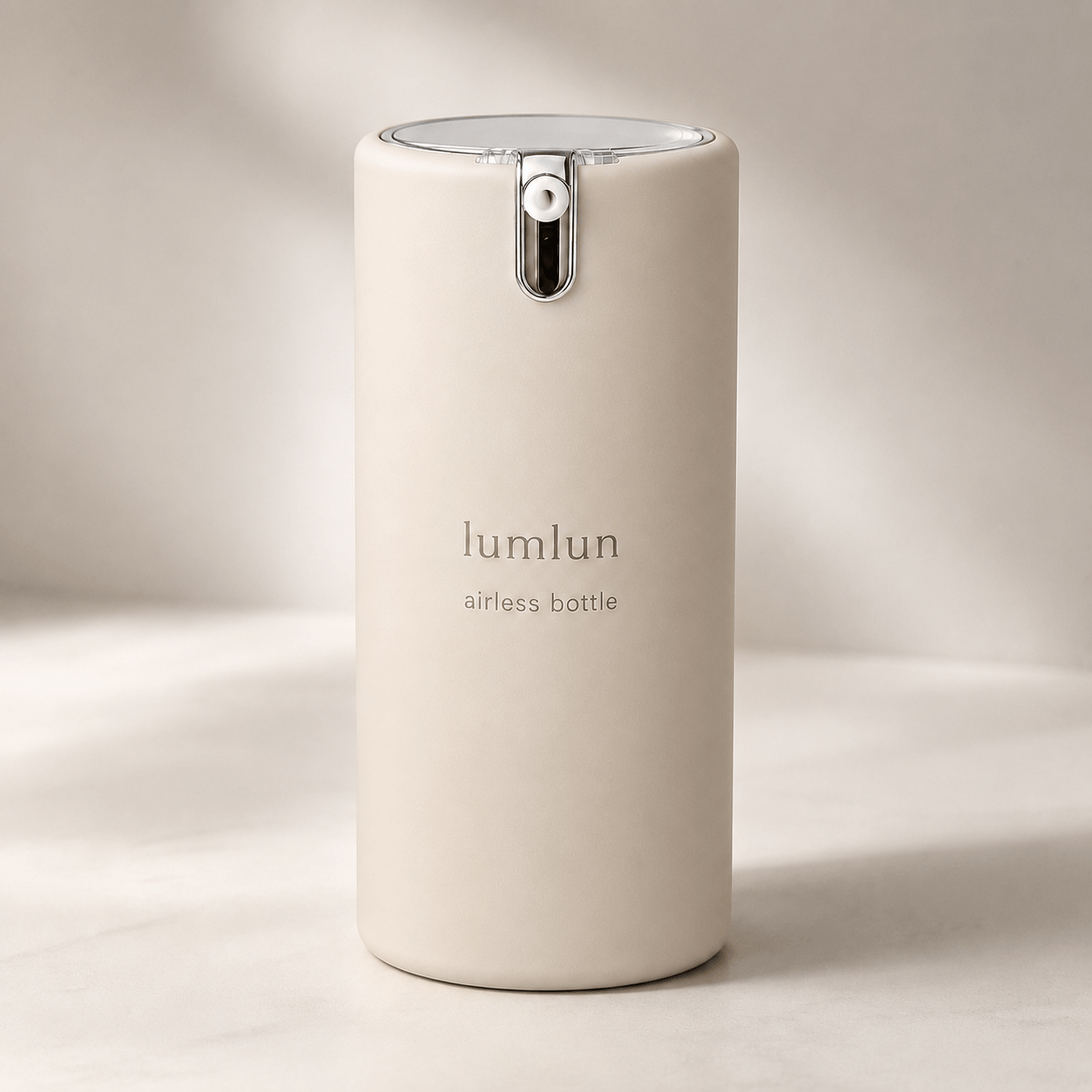 Lumlun PP+AS flat airless lotion bottle in cream with a visible top dispensing outlet.