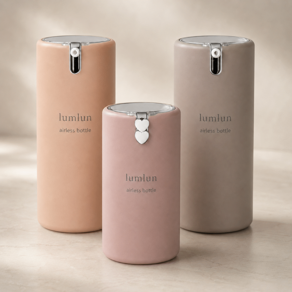 Lumlun PP+AS flat airless lotion bottles in peach, pink, and taupe matte finishes.