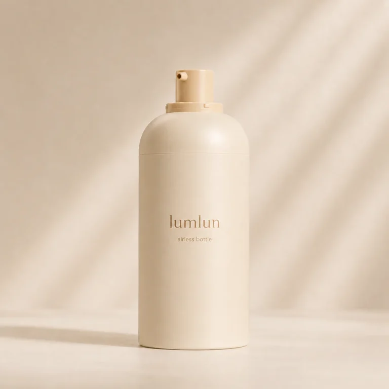 Lumlun PP PCR airless pump bottle in matte beige with the pump head visible.