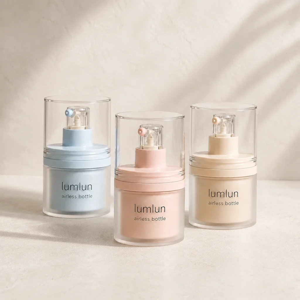 Lumlun refillable airless jar bottles in blue, pink, and beige with transparent protective caps.