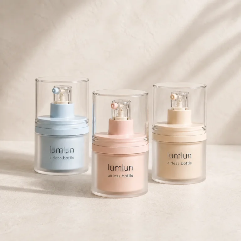 Lumlun refillable airless jar bottles in blue, pink, and beige with transparent protective caps.