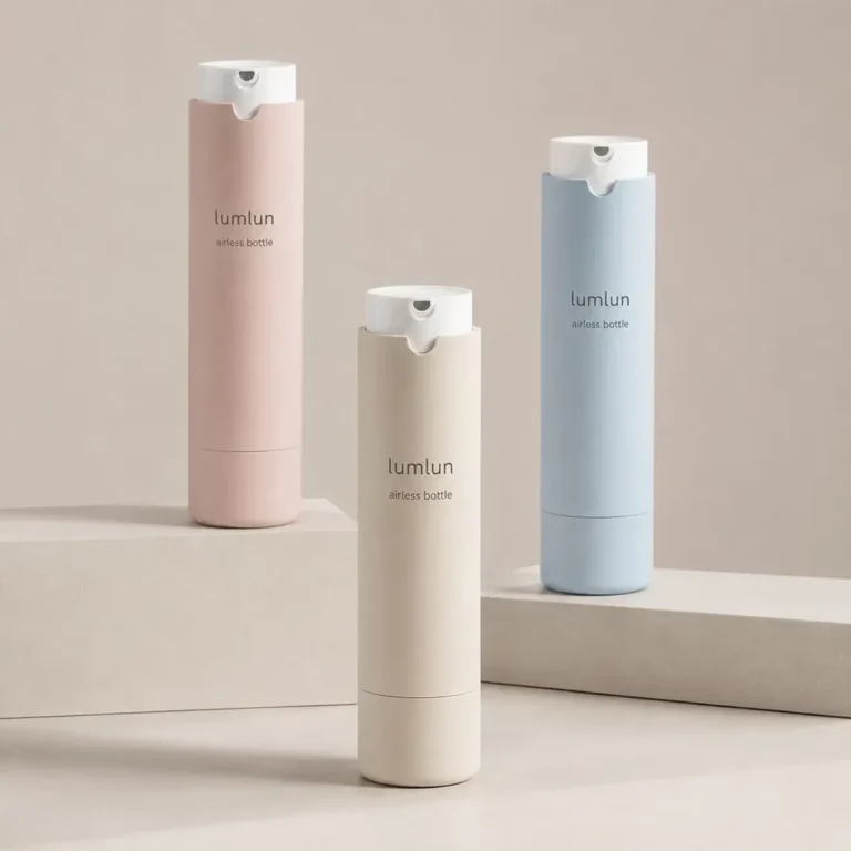 LumLun refillable airless pump bottles in pink, beige and blue, standing on stone podiums
