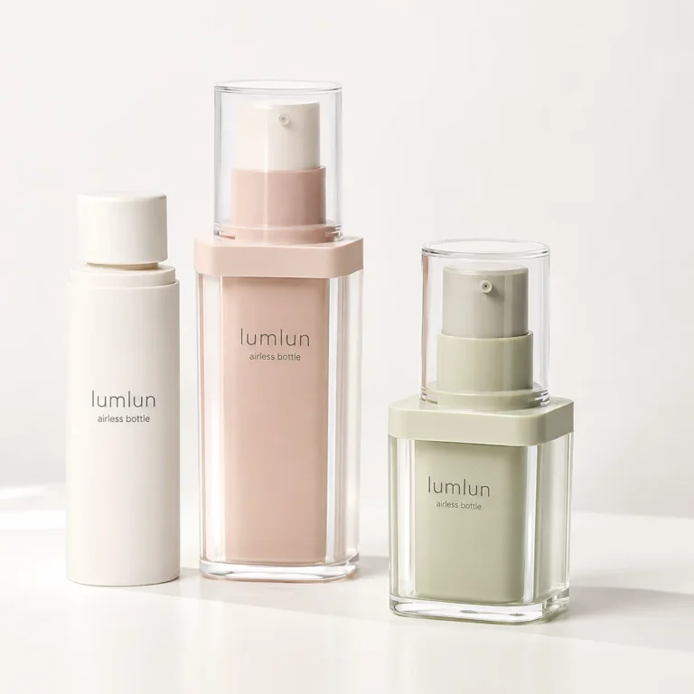 LumLun refillable airless bottles with clear outer shells and a separate refill, in white, pink and green tones
