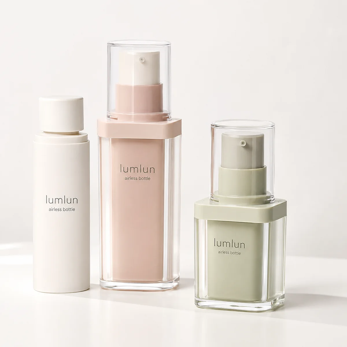 LumLun refillable airless bottles with clear outer shells and a separate refill, in white, pink and green tones