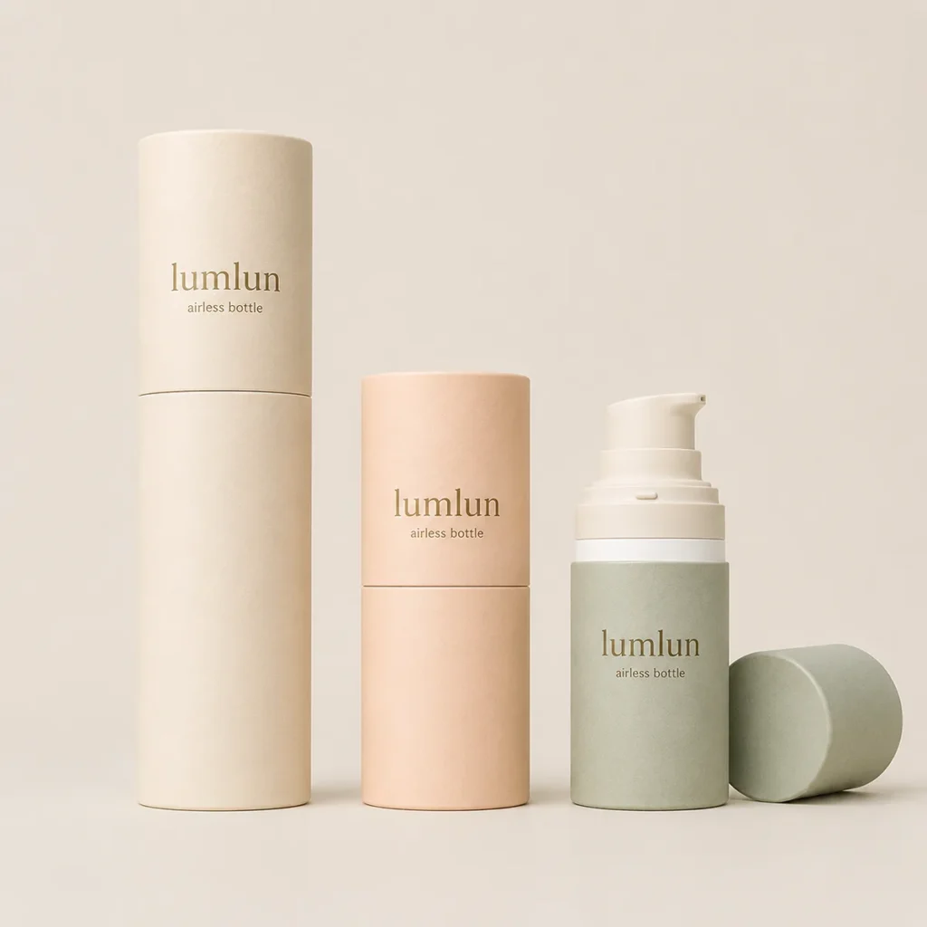 Lumlun refillable PP airless pump bottle in sage with beige and pink tube packaging