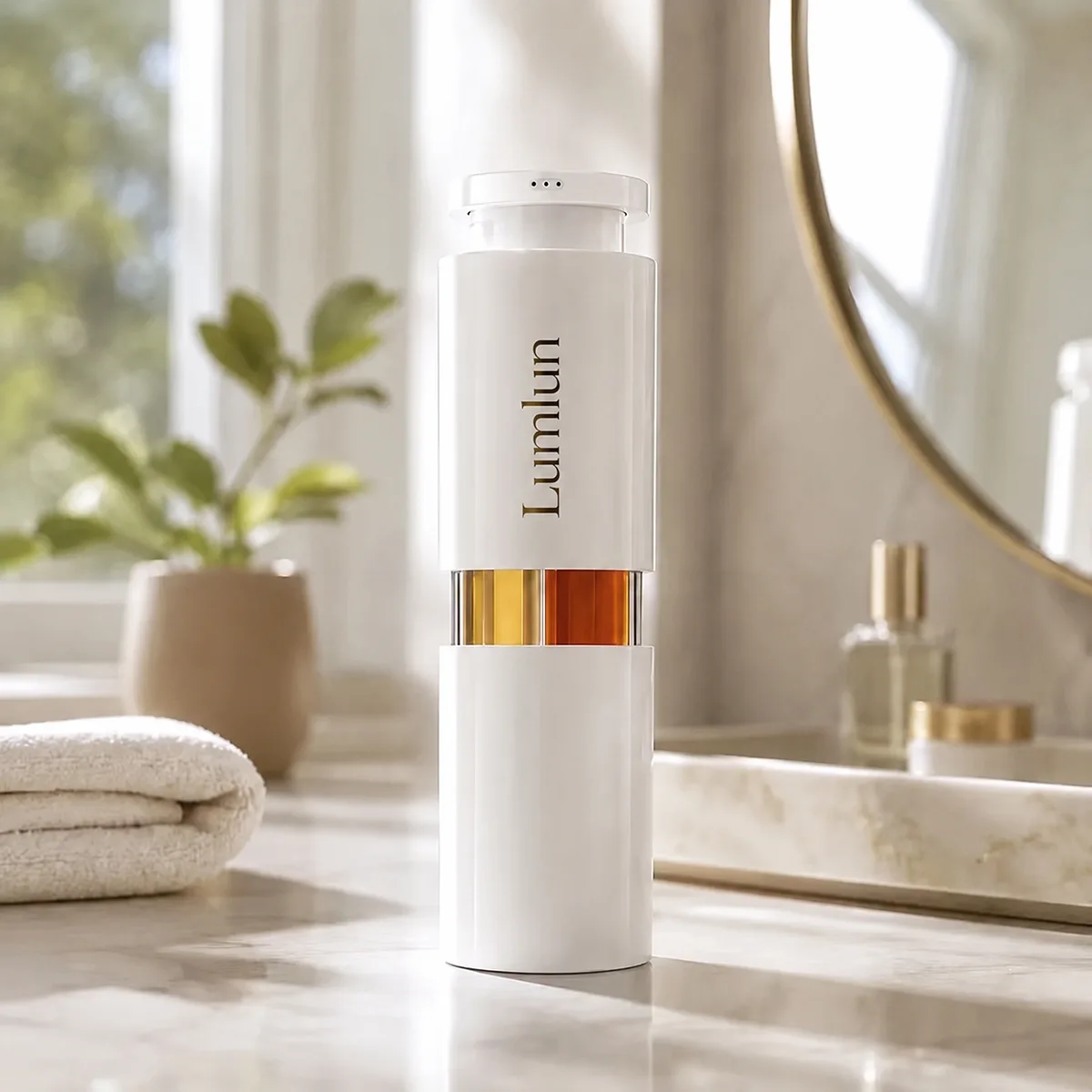 Lumlun multi-chamber airless bottle with three visible formula chambers styled on a bathroom vanity showing premium skincare brand presentation