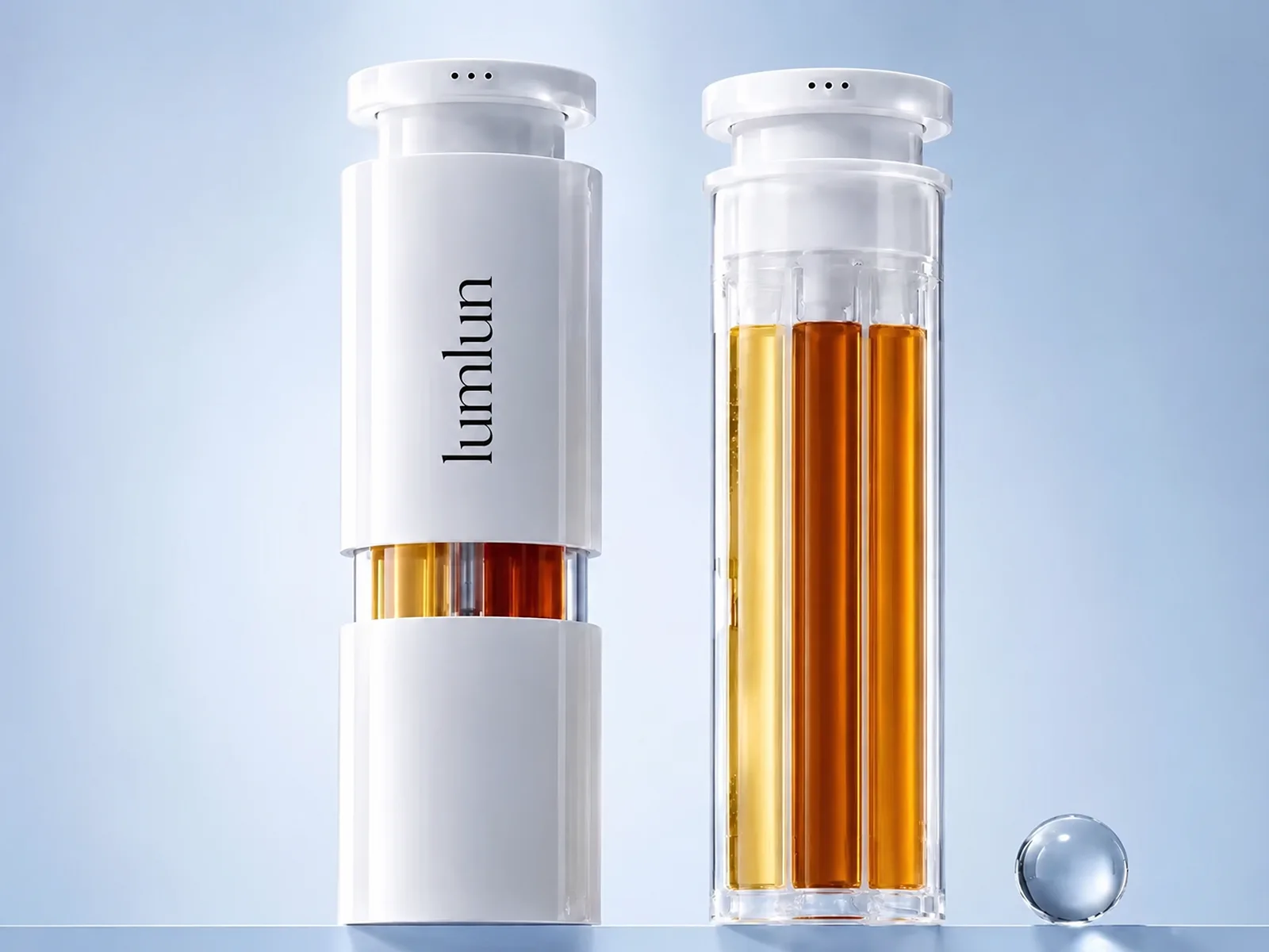 Multi-chamber airless bottle holding three skincare formulas in one bottle as a newer standout format for skincare brands