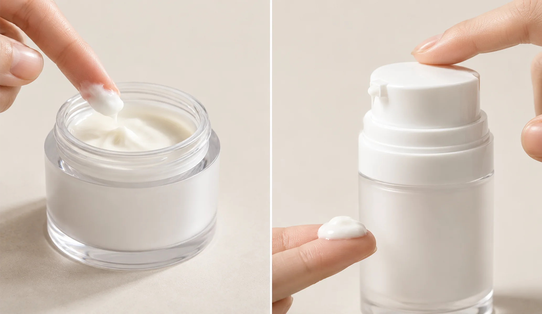 Open cream jar dispensed by dipping a finger versus an airless pump jar dispensing cream hygienically with a press