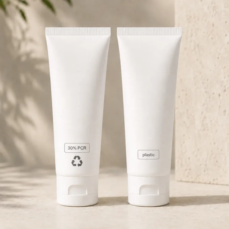 Skincare packaging set with PP airless pump bottles, a cream jar, a dropper bottle and PE squeeze tubes on a shelf