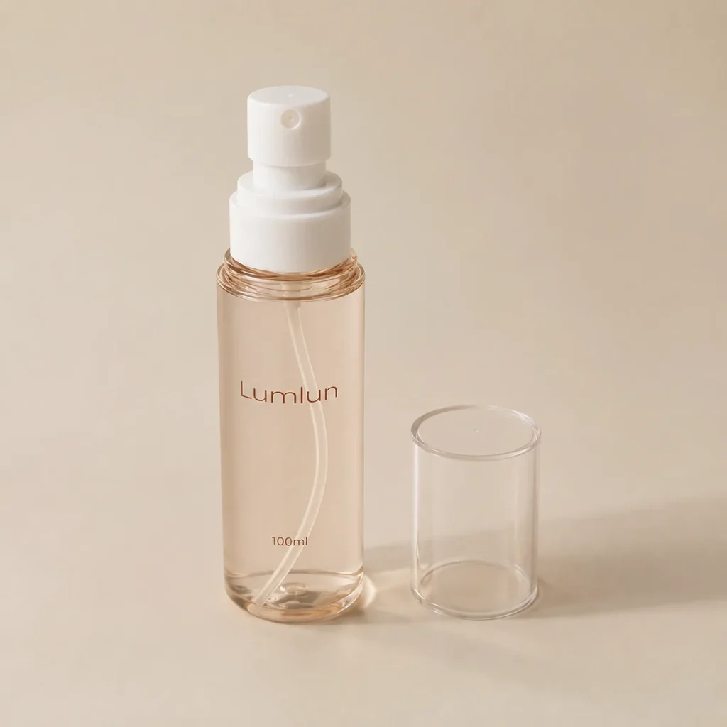 Clear PET fine mist spray bottle, 100ml, pink tint, with white sprayer and transparent cap for toner