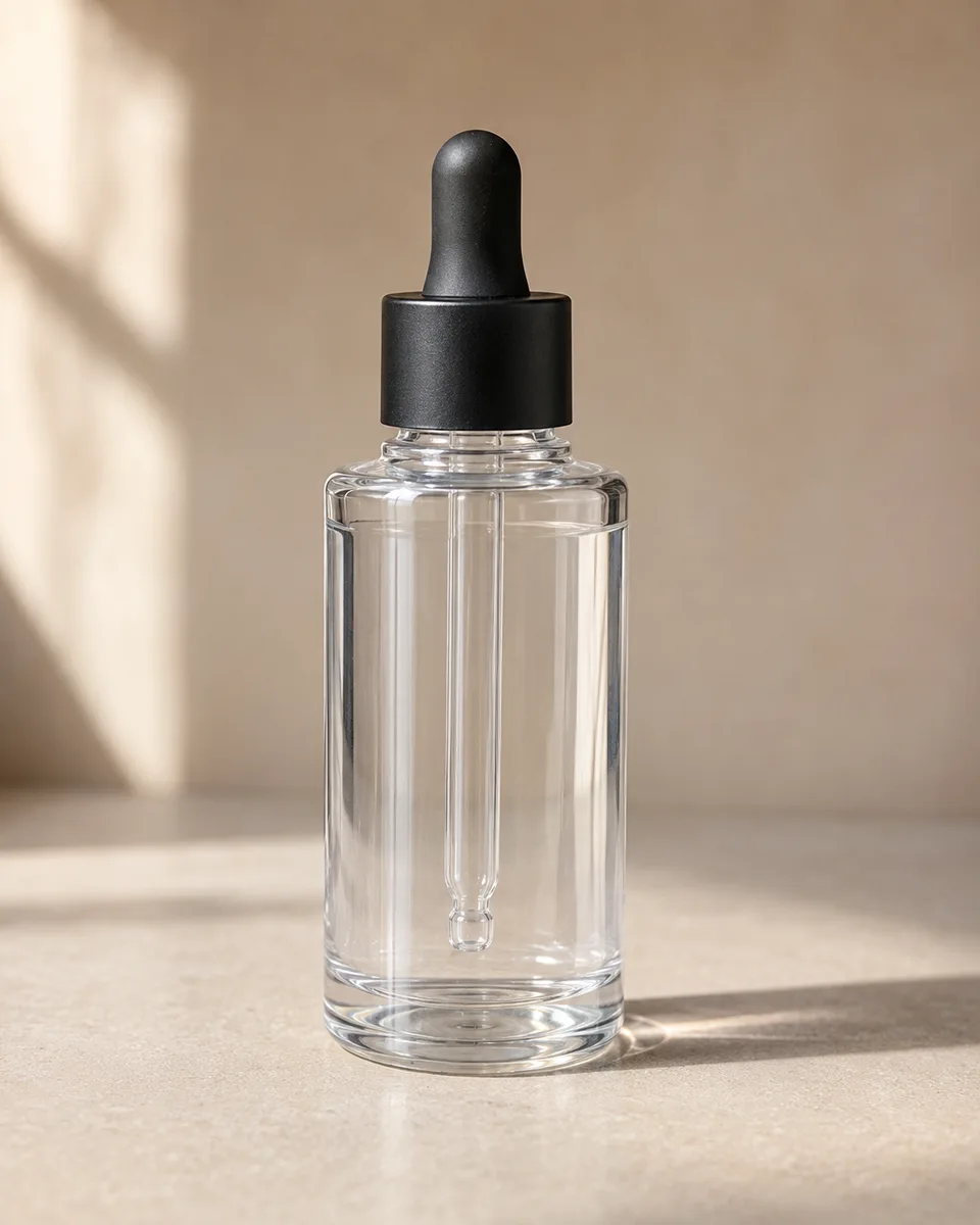 High-gram-weight PETG dropper bottle for skincare showing thick-wall glass-like clarity with impact resistance for safe shipping