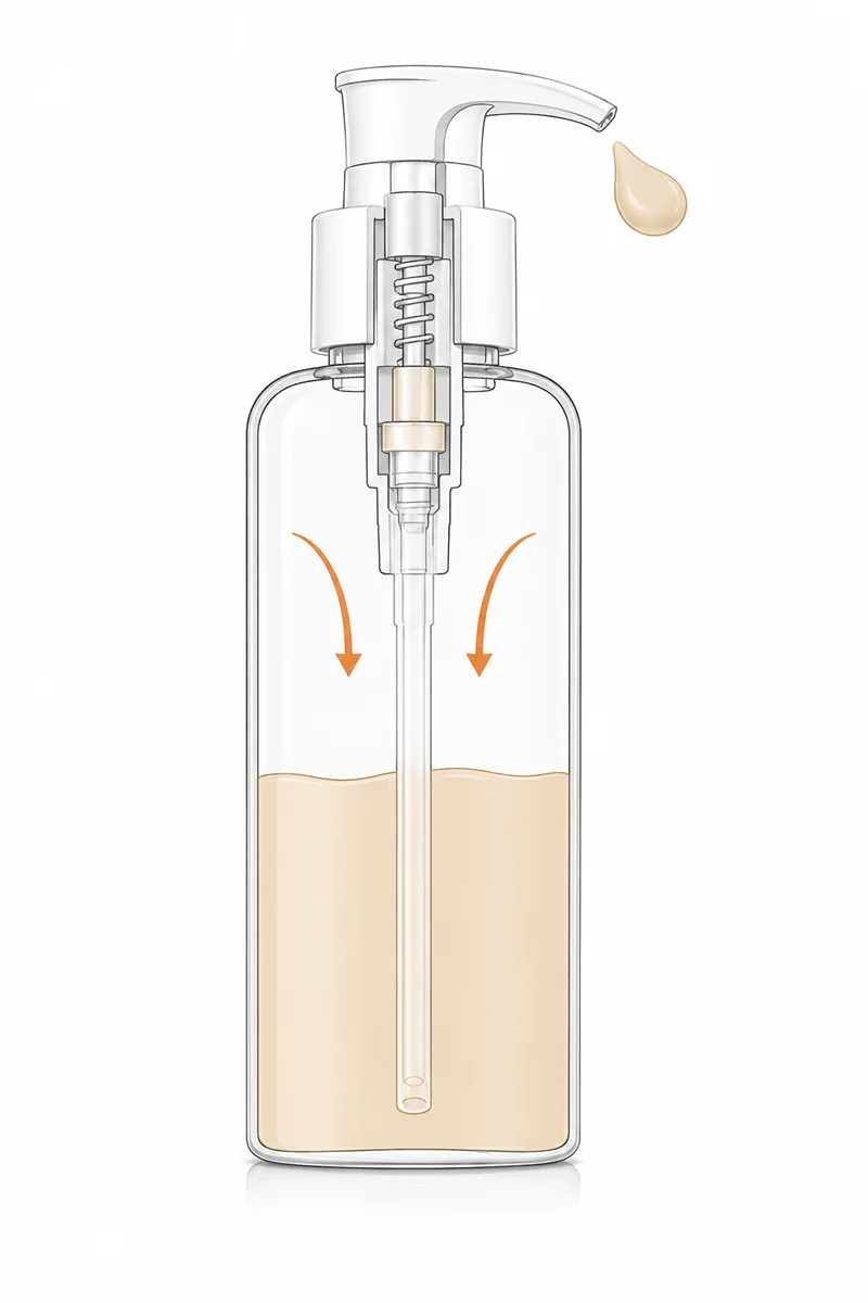 Diagram showing how regular pump bottle dip tube draws air back into skincare formula causing oxidation