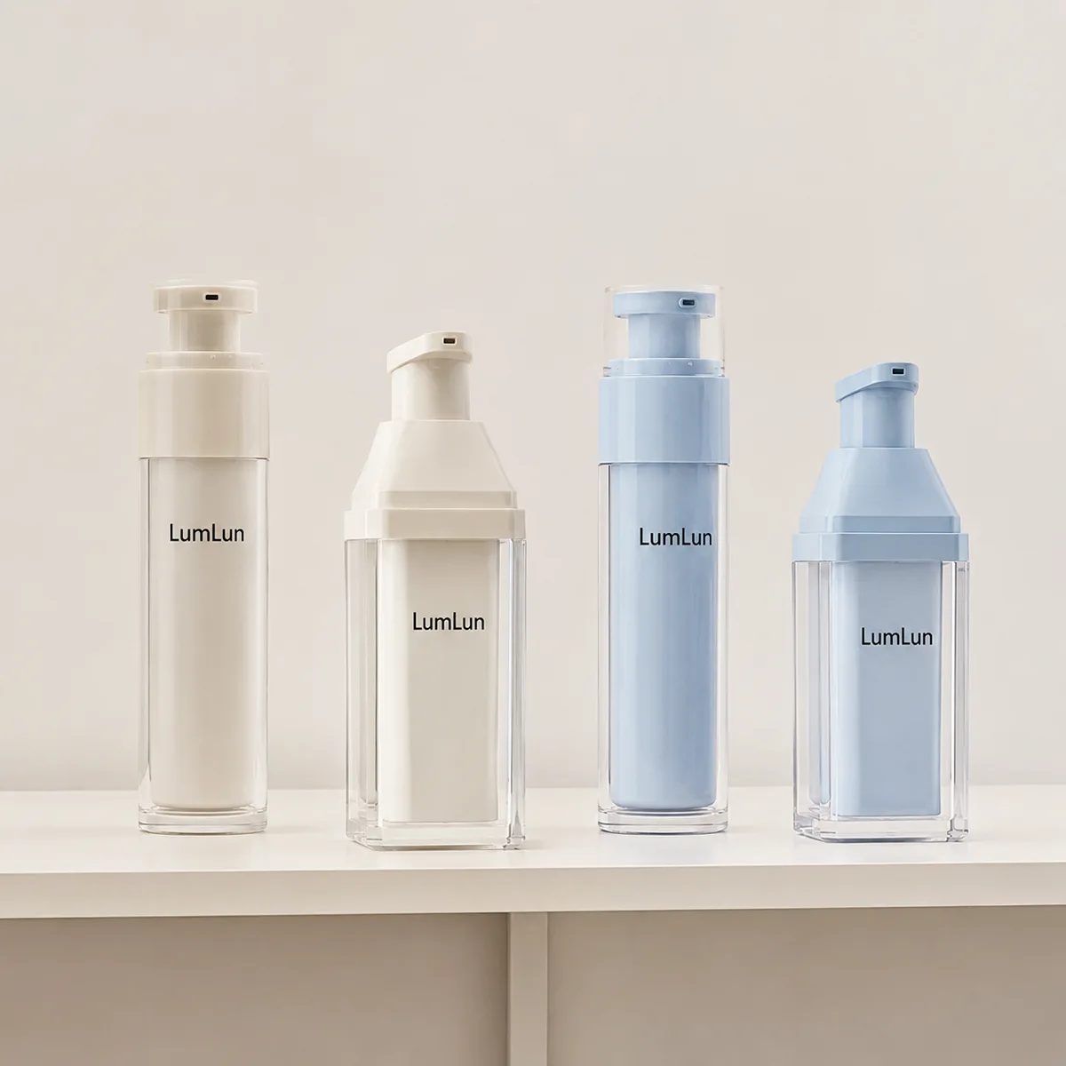 Round and square airless pump bottles side by side showing how bottle shape affects shelf presence for skincare brands