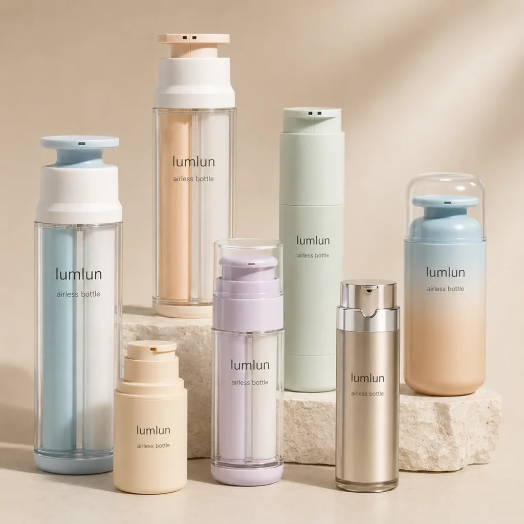 Seven LumLun airless bottles in custom pastel and metallic finishes arranged on stone, showing sustainable packaging color and finish options