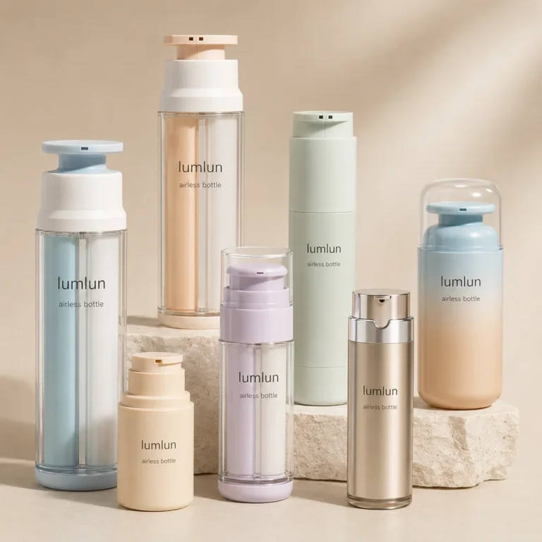 Seven LumLun airless bottles in custom pastel and metallic finishes arranged on stone, showing sustainable packaging color and finish options