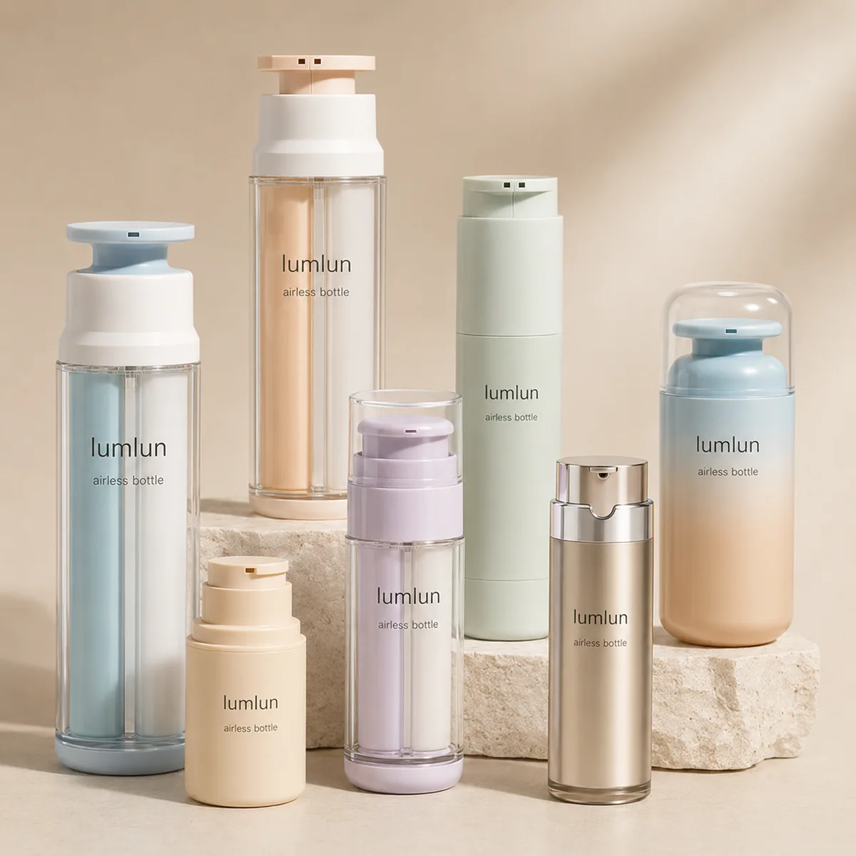 Seven LumLun airless bottles in custom pastel and metallic finishes arranged on stone, showing sustainable packaging color and finish options