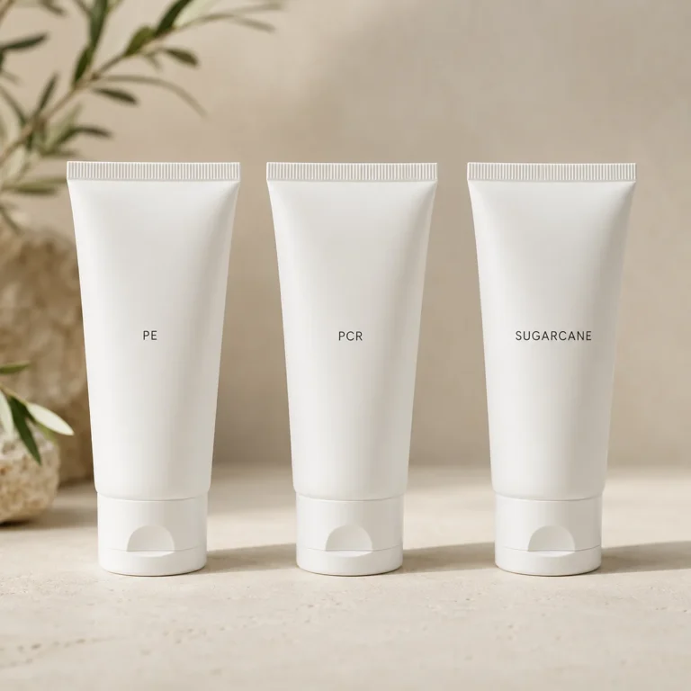 Three white cosmetic tubes labeled PE, PCR and sugarcane showing sustainable tube material options for skincare brands