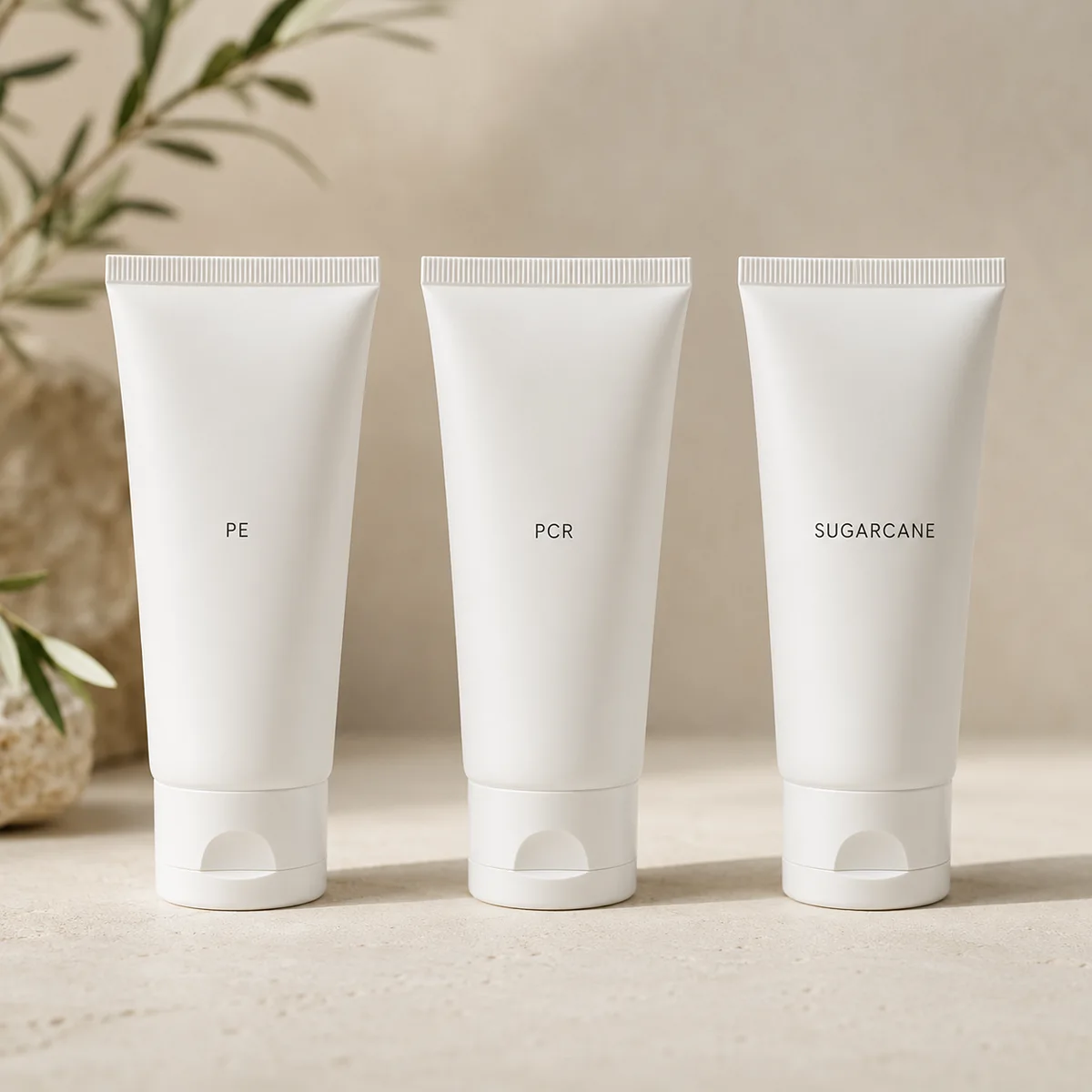 Three white cosmetic tubes labeled PE, PCR and sugarcane showing sustainable tube material options for skincare brands