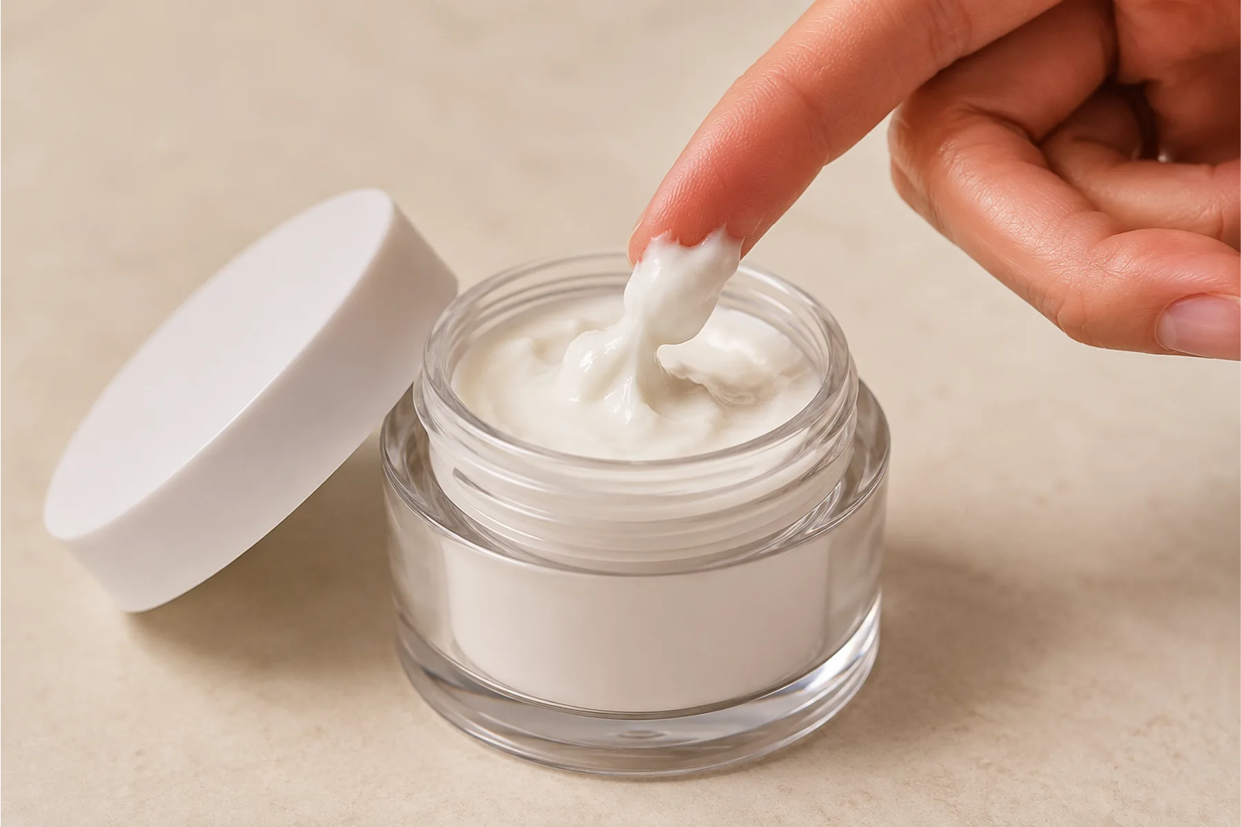 Finger scooping cream from an open traditional jar exposing the formula to air and contamination