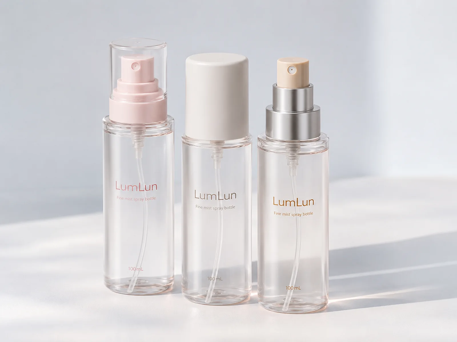 Three clear 100ml LumLun fine mist spray bottles with pink, white and silver pump and cap designs