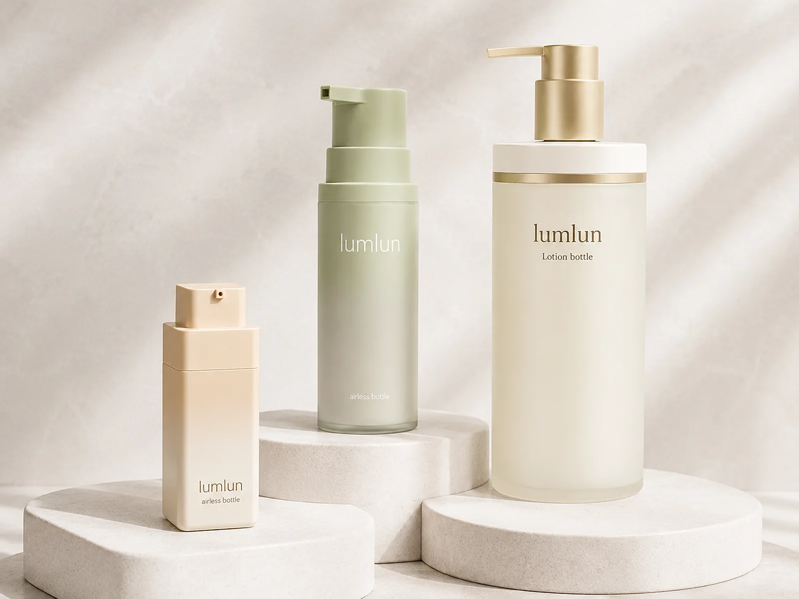 Three LumLun pump bottles in small rectangular, tall sage green and large cream formats for skincare and body care