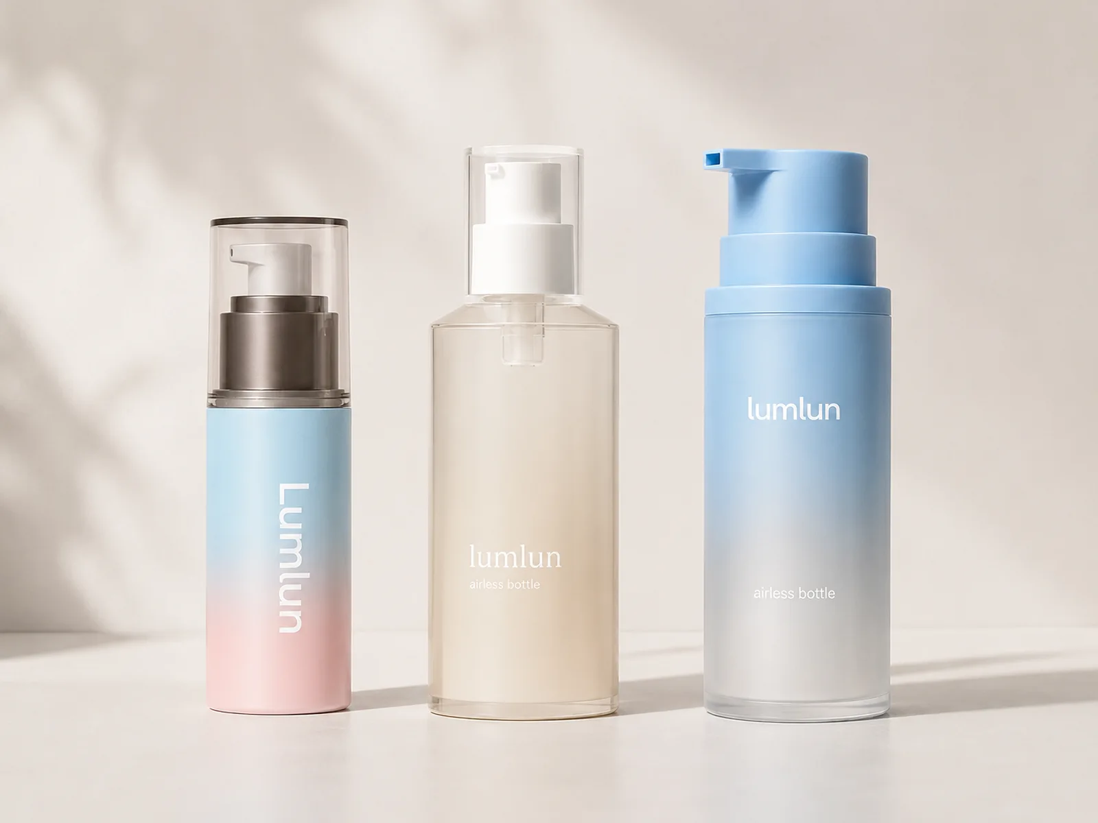 Three LumLun lotion bottles in blue gradient, clear ivory and frosted blue finishes with airless and standard pump dispensers