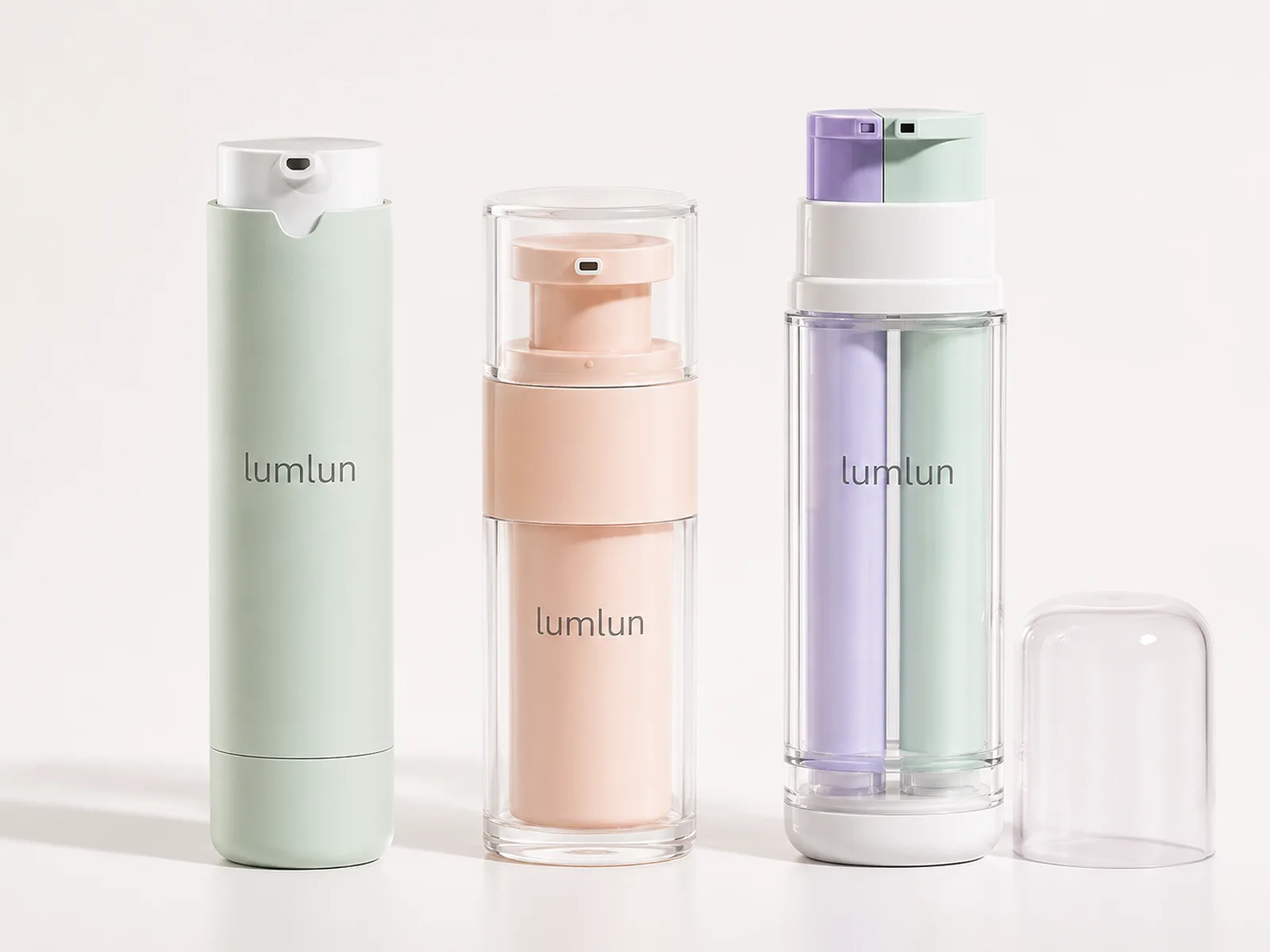 Three LumLun airless pump bottles with mint, peach and dual-chamber designs featuring different pumps and clear caps