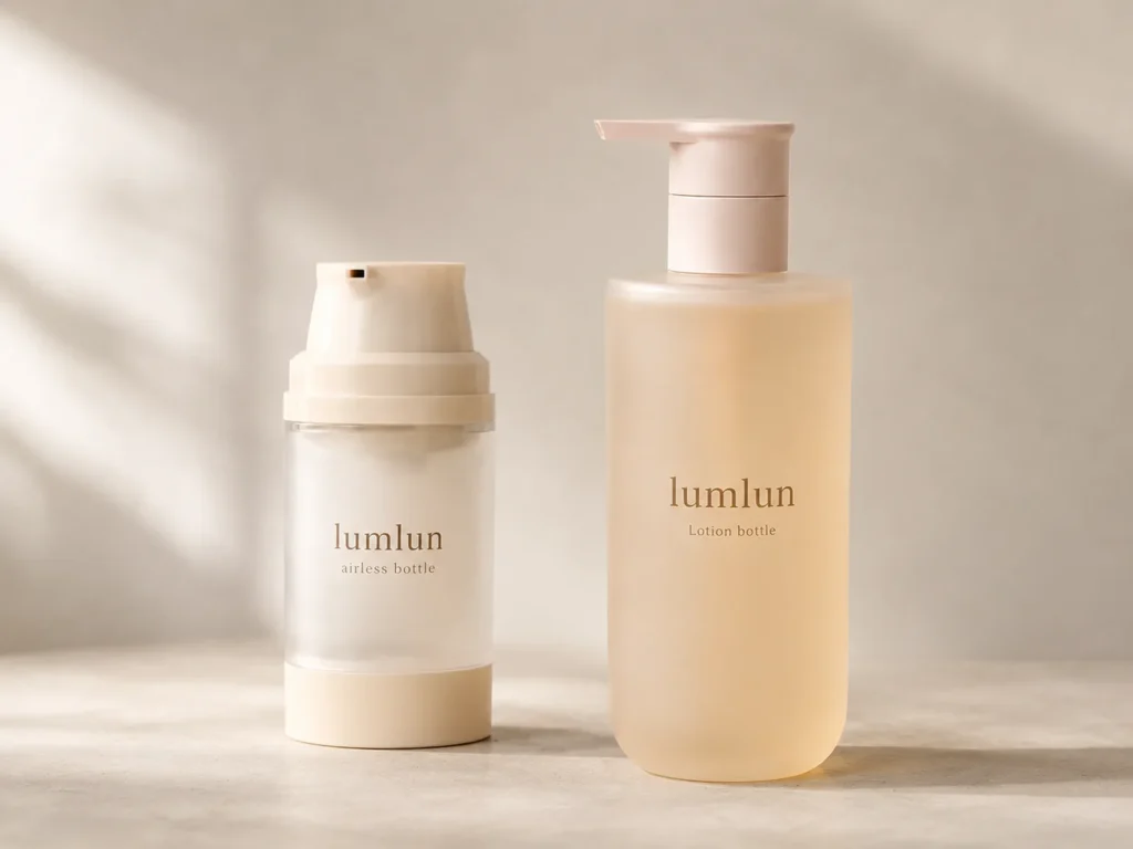 One frosted LumLun airless pump bottle beside one tall amber-toned LumLun lotion pump bottle